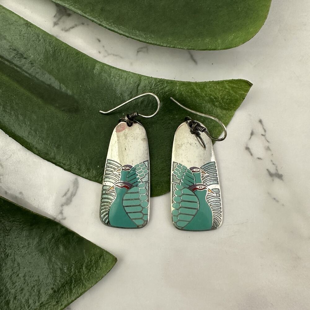 Laurel Burch Vintage 90s Moon Dove Bird Dangle Earrings Silver Tone Teal Blue